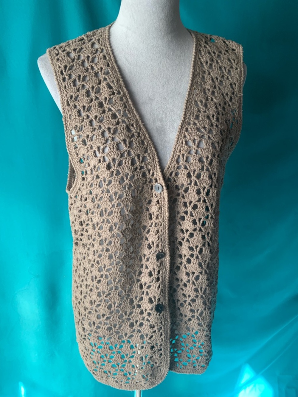 Lord & Taylor Vintage Hand Crochet Beige Openwork Button Front Vest